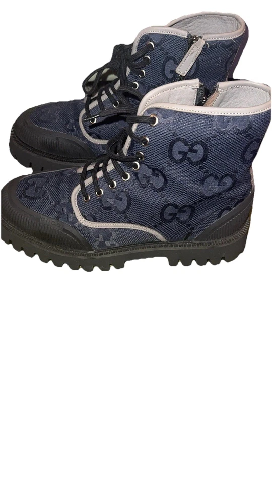 Hombres Gucci Maxi GG Combate Lona Con Cordones Azul Gucci Botas Talla 9 Foto 4 de 4