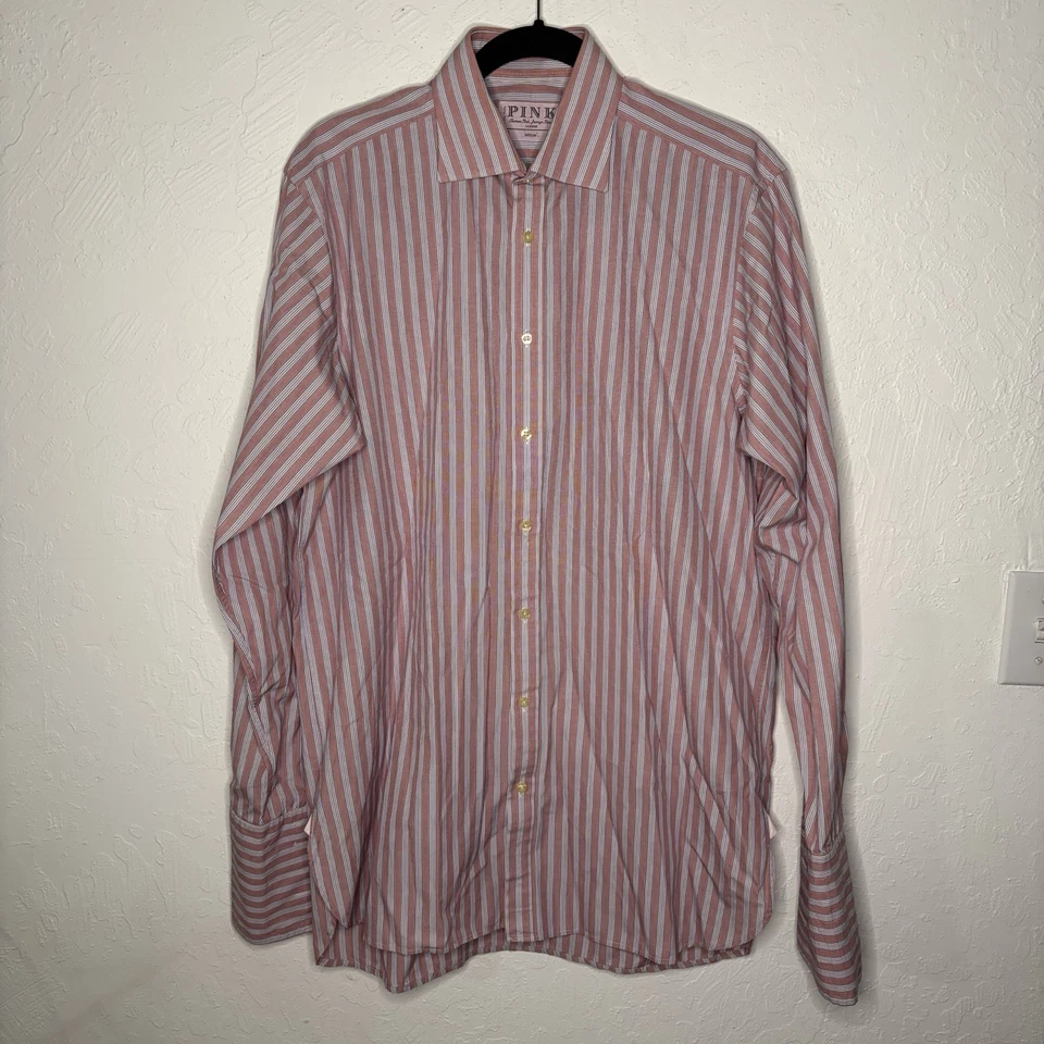 Thomas Pink Shirt Mens 16 36 Striped Red Blue French Cuff Superfine Two Fold - Image 2 of 4