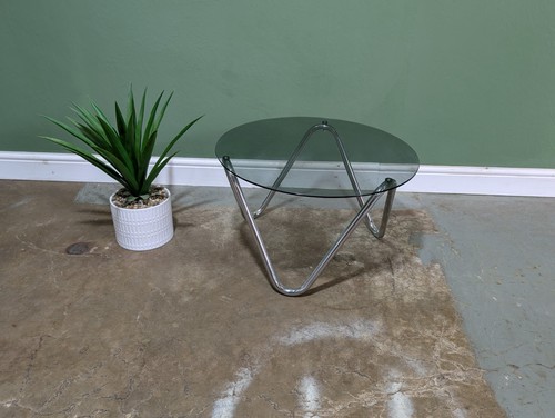 Vintage Smoked Glass & Chrome Coffee Side Table Round Retro Mid Century Modern