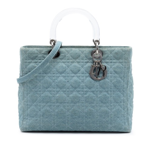 Dior Large Denim Cannage Acrylic Handles Lady Pre-Loved Satchel Light Blue