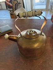 Vintage Copper Tea Kettle White Porcelain Handle Knobs Painted Blue Florals 