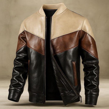 Men's Leather Bomber Jacket Handmade Lambskin Tri-Color? Vintage Moto Style Coat