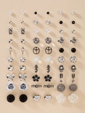 30 Pairs Multicolor Metal Stud Earrings Set With Pearl Rhinestone Heart Flower
