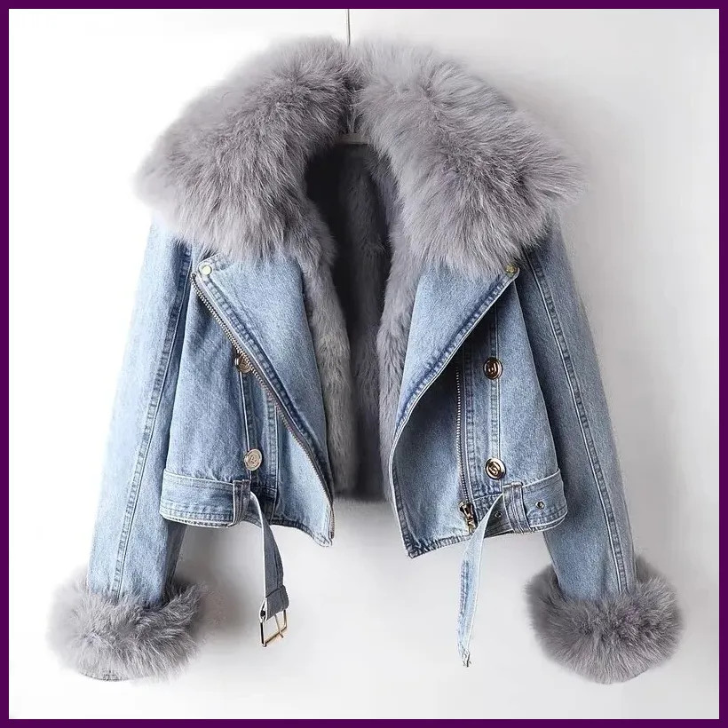 Winter Denim Jacket Women Faux Fox Fur Collar Jean Coat Short Warm Parka