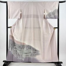 Japanese Silk Kimono M 158cm Light pink Tree Crane Gradation Lined Gold and 6234