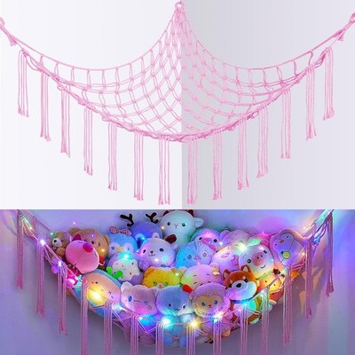 Stuffed Animal Hammock Boho Toy Net Corner Net 59'' with LED Light for Room Decor
