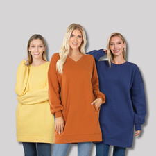 Women Round or V Neck Oversized Long Sweatshirt Loose Warm Fleece Top w/ Pockets