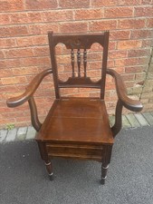 Antique Victorian Commode Chair Solid Oak pottery chamber pot with lid c1840 