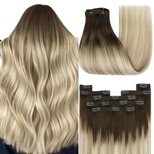 YoungSee Ombre Clip in Hair Extensions Medium Brown Golden Blonde Platinum