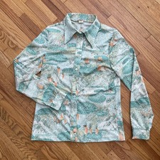 Vintage 1970's Mardi Modes Polyester Blouse Shirt Sailboats Water Made in USA