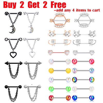 2PCS 14G Surgical Steel Nipple Ring Chain Nipple Shield Tougue Rings Barbell US