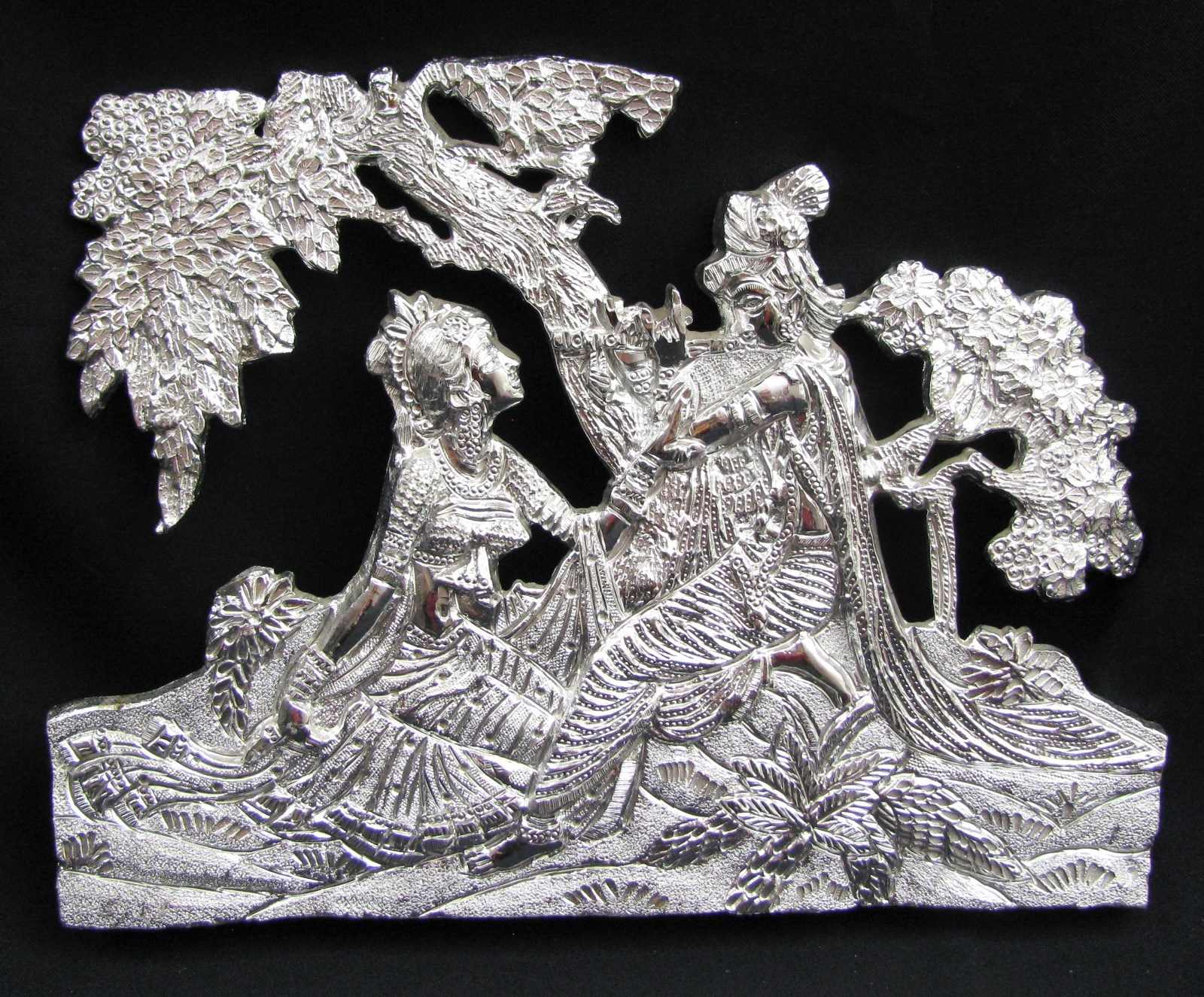 Aluminum HINDU Lord Radha Krishna God Tree Display Temple Plaque Silver Metal