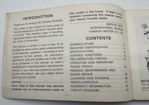 1976 Yamaha RD400D Owner’s Manual – 1st Printing – OEM Vintage Motorcycle Guide - Picture 3 of 6