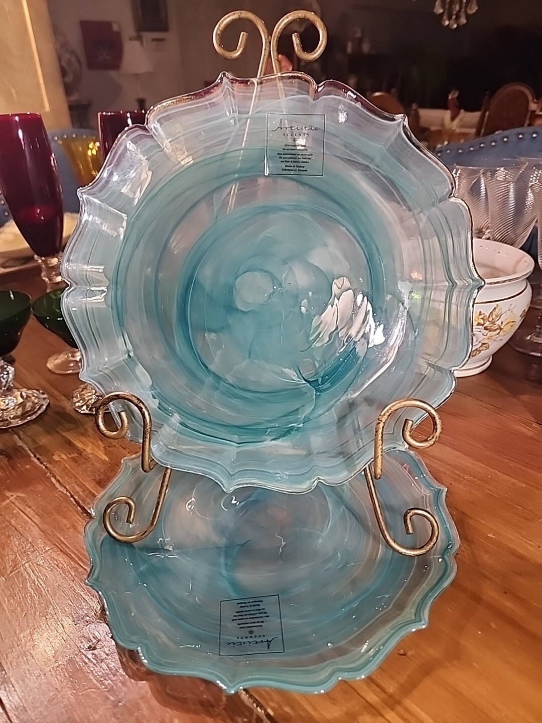 11" Rare Teal Green Artistic Accents Glass Plate Scalloped Edge Turkey