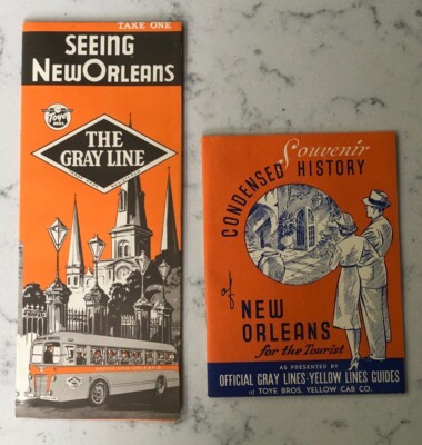 VINTAGE SEEING NEW ORLEANS TWO TRAVEL BROCHURES PAMPHLETS YELLOW CAB BUS LINE