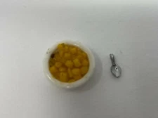 Vintage Artisan Dollhouse Miniature Corn in Serving Dish With Spoon Food