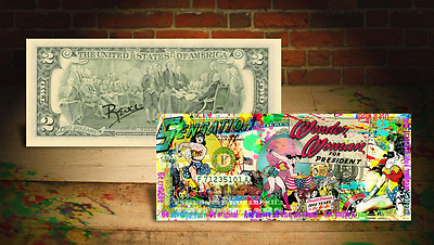#ad WONDER WOMAN For President Genuine $2 Bill HAND SIGNED by Rency ART Banksy $26.00