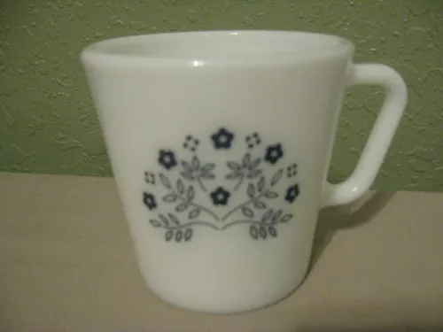 Vintage PYREX Milk Glass Coffee Mug Summer Impressions Blue Flower D-Handle