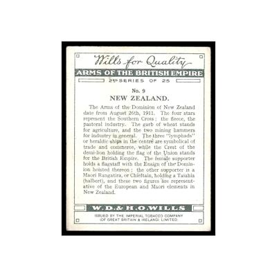 New Zealand 1933 Wills Cigarettes Large Arms of British Empire #9 EX