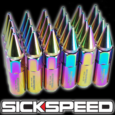 SICKSPEED 24 PC NEO CHROME SPIKED ALUMINUM EXTENDED 60MM LUG NUTS 1/2X20 L23