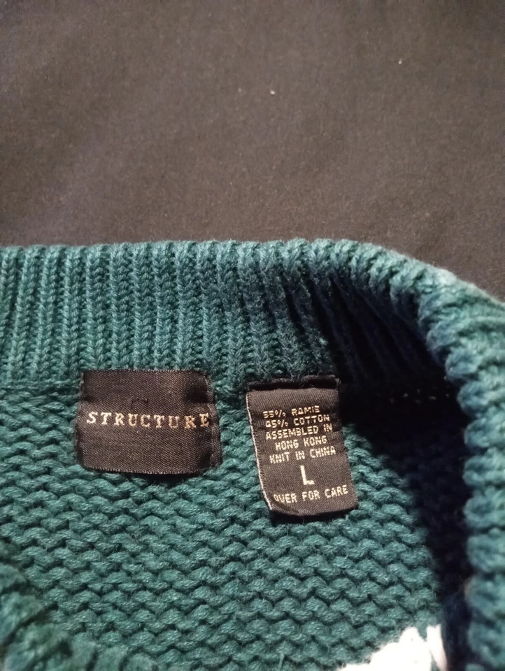 Structure Pullover Sweater Men's L Long Sleeve Green White Argyle Diamond - Image 4 of 4