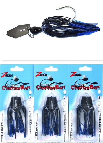 (3) Z-Man 3/8 Oz The Original Chatterbait Fishing Lure Black/Blue Nickel #56GJ