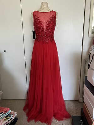 New Basix Black Label Dress Red Beaded Sequins Mesh ￼Party Long Dress SZ 4