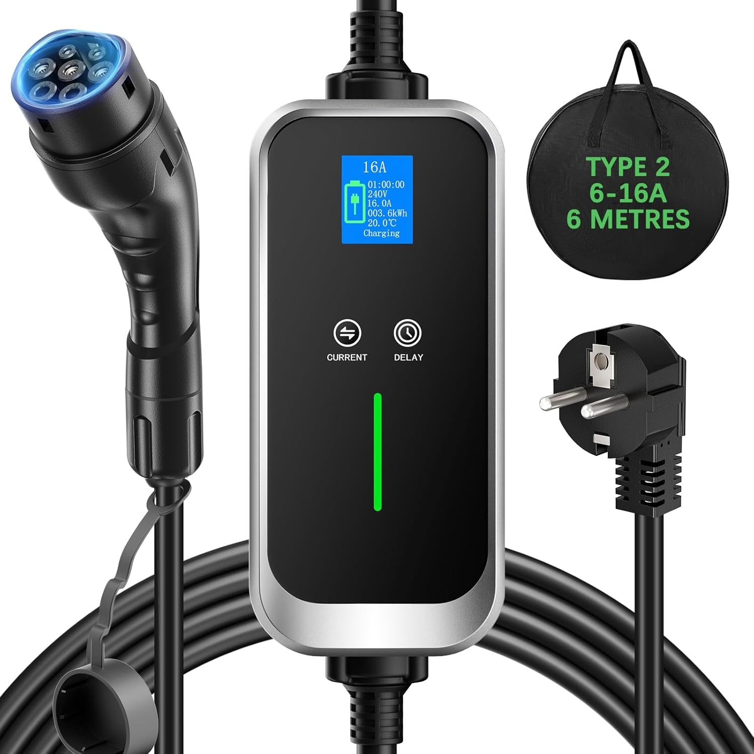 Ev chargeur type 2 portable avec courant réglable 6A à 16A pour batterie voiture électrique
