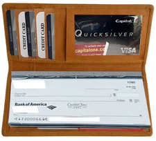 Tan Solid Leather Slim Checkbook Cover Organizer Wallet ID Cards Money Holder