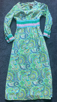 Gabrielle Fouell 70s dress langes Maxi Kleid ital. 42 (36-38) Grüntöne Baumwolle