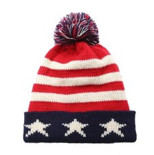 USA American Flag Striped Beanie - Cuffed Cap Knit Winter Stocking Hat - Cute