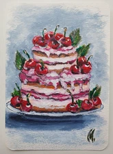 Original Dessert Art – Cherry Cake Painting, Sweet Treat Illustration, Signed