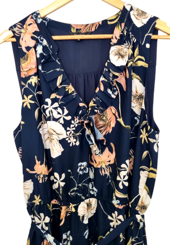 Portmans Navy Floral V-Neck Front Tie Belt Sleeveless Midi Dress Size 16 - Picture 3 of 9