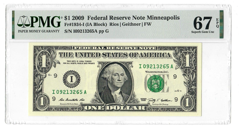 2009 $1 FRN Minneapolis FR1934-I Rios /Geithner /FW PMG 67 EPQ Superb Gem Unc