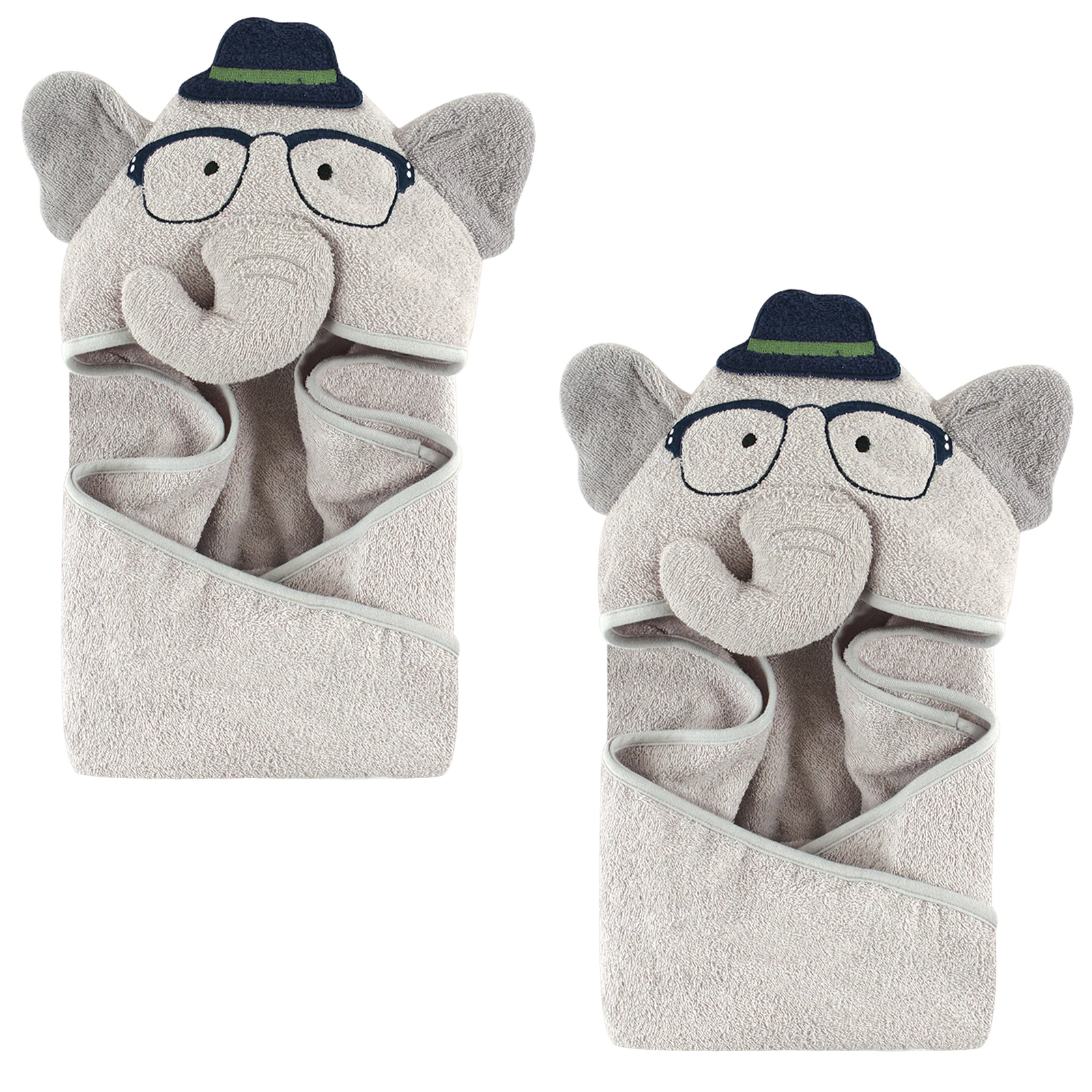 Hudson Baby Cotton Animal Face Hooded Towel, Smart Elephant 2-Piece, One Size
