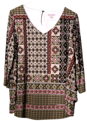 DB ESTABLISHED 1962 TUNIC BLOUSE woman size 1X olive green pink 3/4 sleeve silky