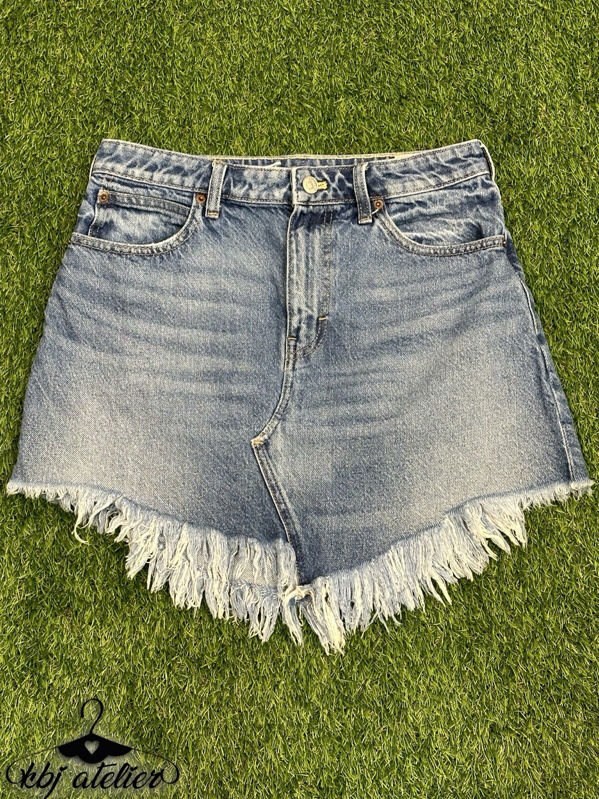 We The Free Women 27 Blue Denim Fringe Mini Skirt Asymmetrical Hem