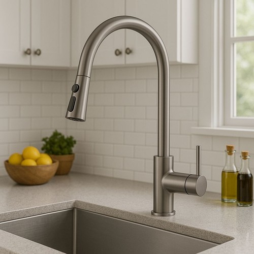 Kitchen Sink Faucet Brushed Nickel Single Handle Swivel Pull Down Sprayer Mixer