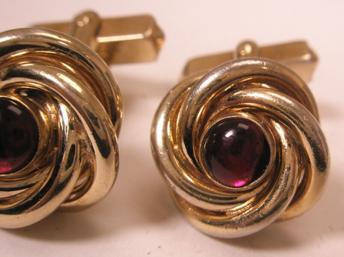 Knots Gold Tone & Red Cabochon Vintage SWANK Cuff Links - Picture 4 of 9