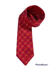 Holland & Sherry Geometric Design Woven Silk Tie Made In USA Red Gold & Blue