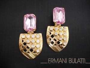 Authentic Unsigned Ermani Bulatti Gold Plated Deco Shield w/Crystals CLIP Earrings