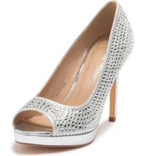 Lauren Lorraine Candie-12 Silver Crystal Embellished Peep Toe Platform Formal