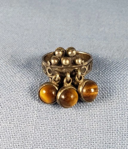 Vtg sterling silver cha-cha ring 3 tiger eye charms sz 8 Mexico eagle mark