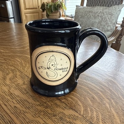 Snowbird USA Pottery Mug Coffee Cup Stoneware Dark Brown/Black 4.25  Tall