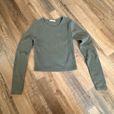 Pull&Bear Long Sleeved Cropped Top Green Sz M