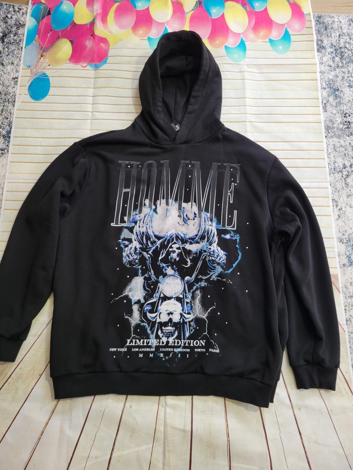 Homme Boohoo Man Skull Print Limited Edition Black Hoodie Sweatshirt Large image 2