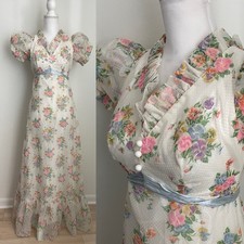 Vintage Handmade Ivory Prairie Dress with Flocked Polka Dots and Flowers - XS