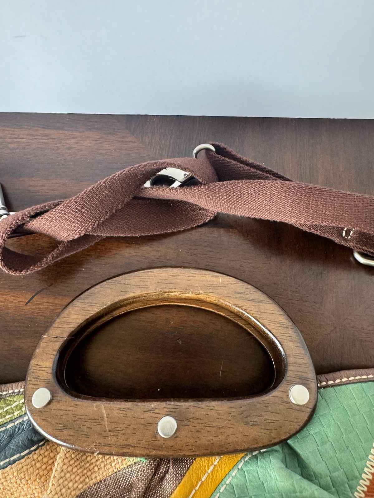 Fossil Patchwork Canvas Leather Handbag Boho Wood… - image 7