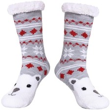 Slipper Socks for Women with Grippers, Winter Warm Fuzzy One Size Polar Bear