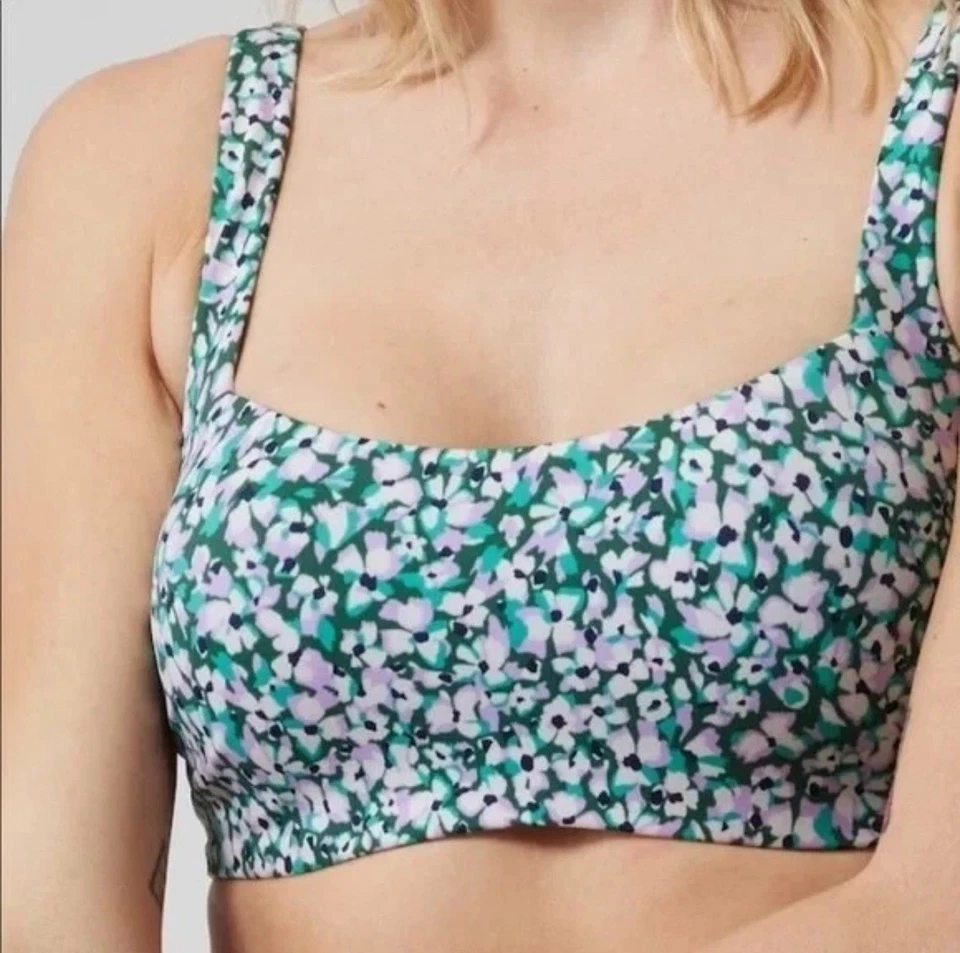Athleta Purple Green Camo Floral Gables Square Neck Bra Cup Bikini Top 36B/C - Image 2 of 4